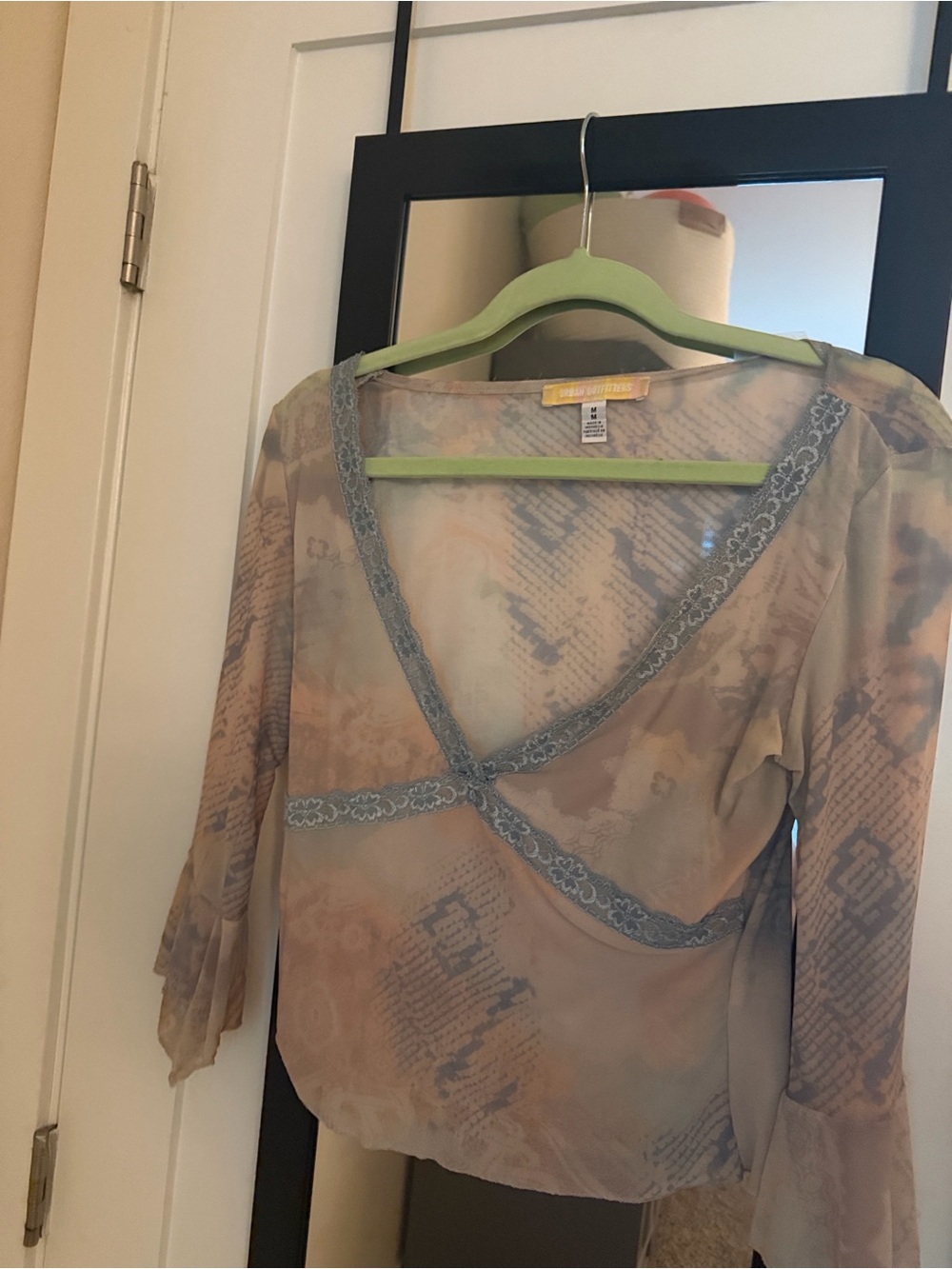 Urban Outfitters Sheer Peach-Beige Wrap Top with Lace Trim